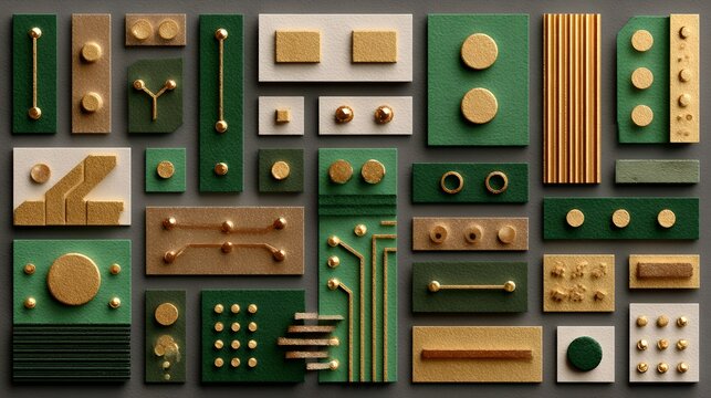 A geometric abstract composition with green, gold, and cream-colored elements, reminiscent of circuitry and technological patterns