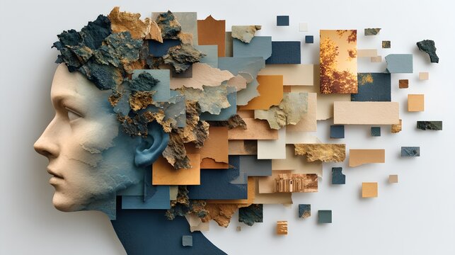 Profile of a person's head made of scattered abstract shapes, symbolizing thoughts and ideas