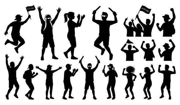 Concert visitors silhouette vector set excited young people jumping with festival props