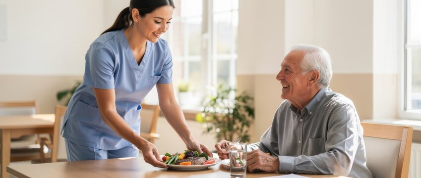 Caring nurse serving healthy meal to happy elderly man in bright dining area promoting nutrition and companionship for senior wellness and health
