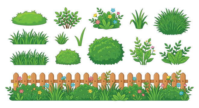 Variety Of Garden Plants And Wooden Fence Vector Illustration