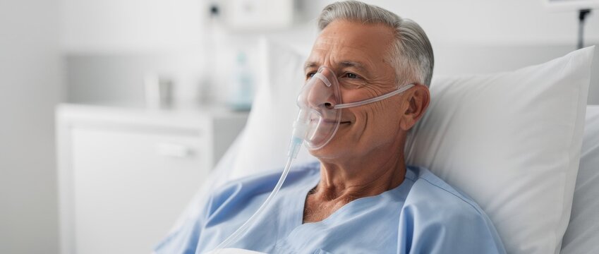 Elderly man recovering in hospital with oxygen mask, looking hopeful and content in medical environment, healthcare and wellness concept emphasized