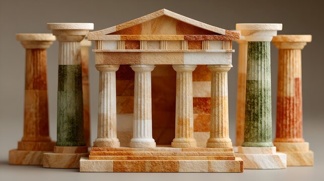 A small replica of an ancient Greek temple made of wood and stone, featuring columns and pediment