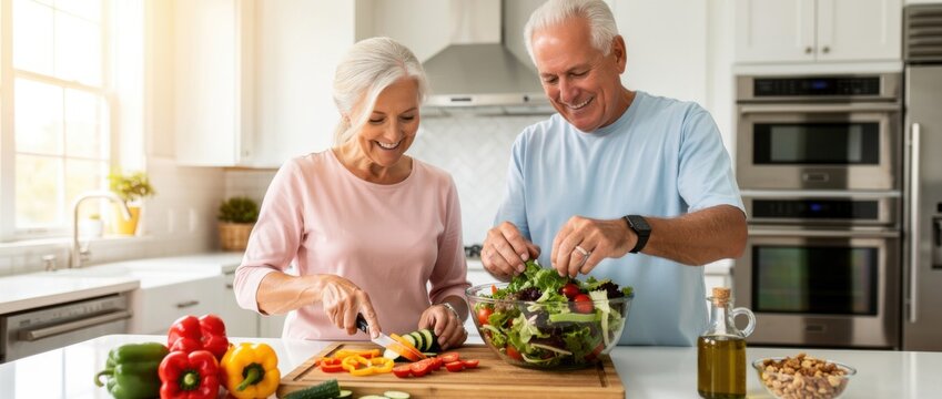 Joyful Senior Couple Preparing Fresh Salad Together in Modern Kitchen with Colorful Vegetables and Healthy Ingredients for a Balanced Meal
