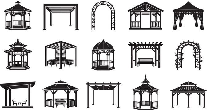 Garden structures and gazebo silhouettes set including pergolas, arches, and pavilions for outdoor landscape design vector illustration