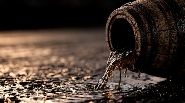 spillage. An overturned oak barrel with dark liquid flowing onto the ground. bar promotions, beverage menus, packaging labels, designed for product packaging and bar promotions, used by clinicians.