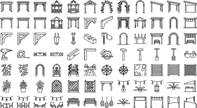Pergola and garden construction icon set featuring architectural structures tools plants and outdoor furniture in vector format