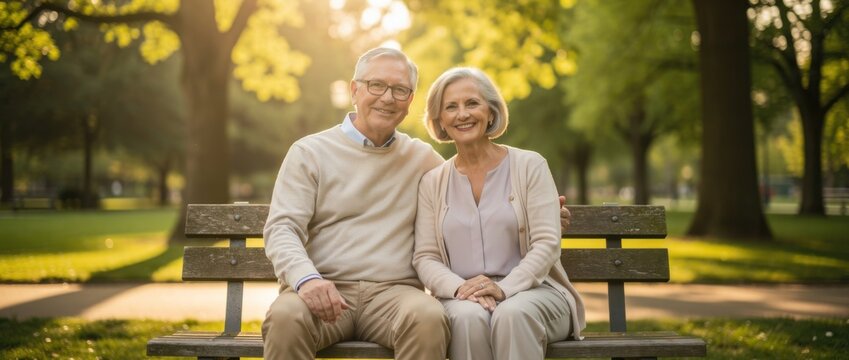 Senior couple enjoying a peaceful moment together on a park bench surrounded by bright green trees and golden sunlight in a serene outdoor setting