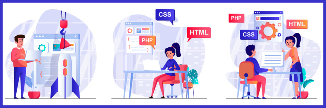 Collection of flat vector illustrations depicting web developers working on websites using various technologies like HTML, CSS, and PHP.