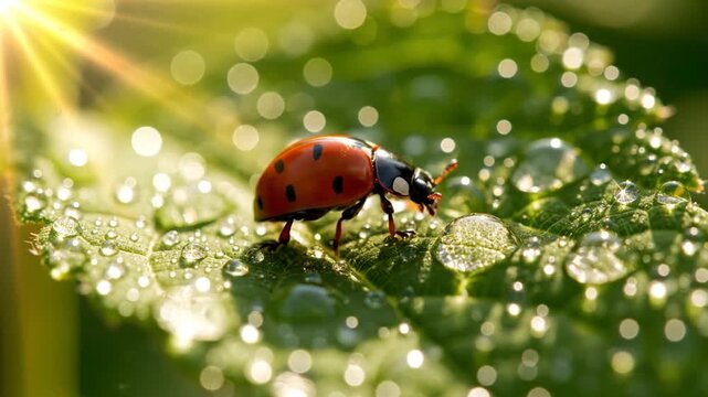 Macro shot of a red ladybug resting on a dew-covered green leaf under bright morning sunlight