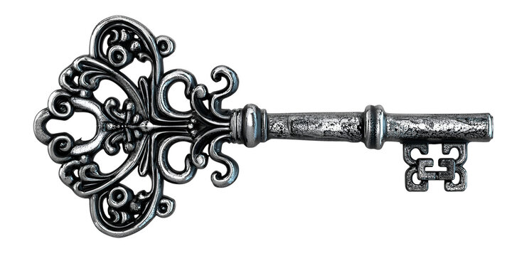 Vintage silver key 3D illustration isolated on transparent background. Antique ornate metal key, baroque design element, skeleton key. Real estate, security, business success, property investment PNG
