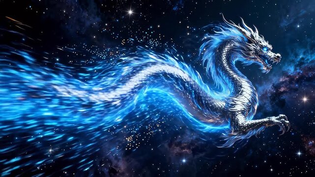 Silver and blue dragon flying through outer space with stars and nebula