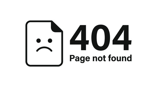 Minimalist graphic illustration of a 404 error page with a sad face icon and text