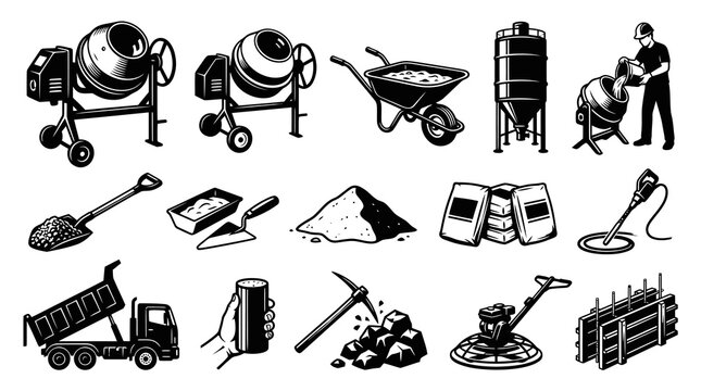 Concrete Construction Tools  Equipment Icons Set. Black  White Line Art Engraving Style Illustrations.