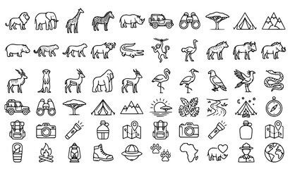 Naklejka premium Safari and African Wildlife Outline Icons Vector Set Editable Stroke