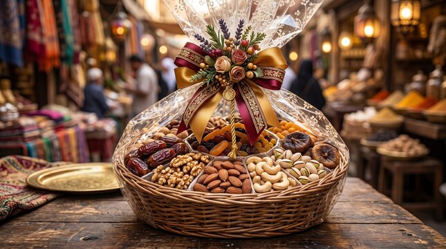 Traditional gourmet gift basket with dried fruits and nuts, festive holiday hamper in a rustic market setting, elegant food gift arrangement isolated PNG with Transparent Background