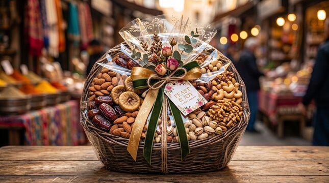 Gourmet gift basket with nuts and dried fruits, elegant holiday food hamper with ribbon, luxury snack arrangement in wicker basket isolated PNG with Transparent Background