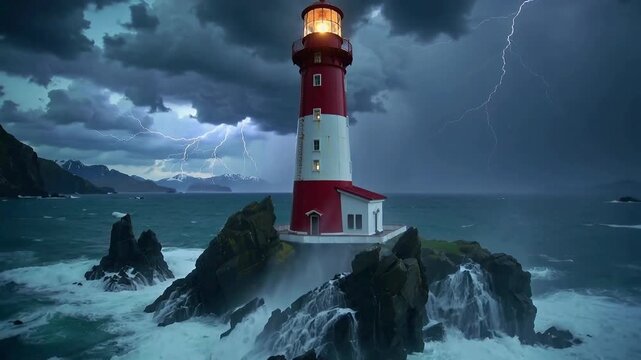 Lighthouse stands strong against waves and lightning during a stormy night on the coast