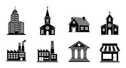 Building Silhouettes Collection Black Vector Illustrations On White Background © Safia512