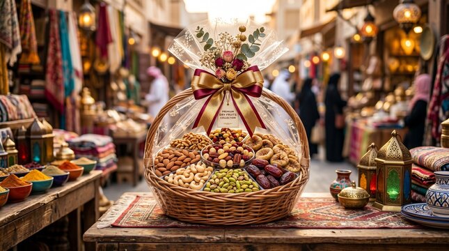 Traditional Arabic gift basket with nuts and dates, festive Ramadan hamper in a Middle Eastern souk, luxury food gift set with ribbon and bow isolated PNG with Transparent Background
