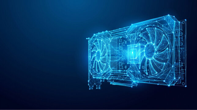 Futuristic Blue Wireframe Hologram of a Computer Graphics Card