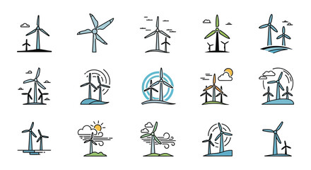 Wind Turbine Icons Colorful Line Art Set On White Background © Safia512