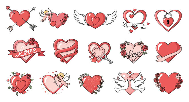 Collection Of Red Heart Illustrations With Floral And Cupid Motifs
