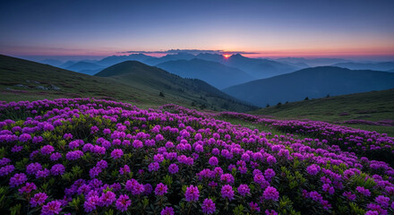 Obraz premium Field of purple flowers with layered mountains at sunset, symbolizing nature's beauty, tranquility, and the dawn of a new day