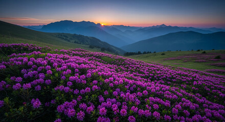 Fototapeta premium Rolling hills covered in vibrant purple flowers under a gradient twilight sky, symbolizing natural beauty, serenity, and the dawn of a new day