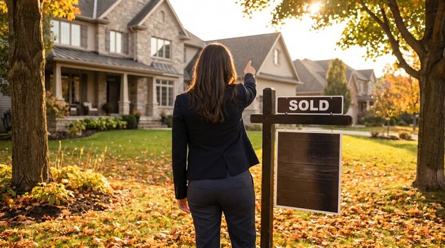Woman pointing at sold real estate sign in front of house with autumn leaves on lawn
