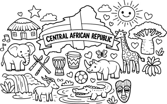 central african republic landmarks cartoon outline hand drawn Line Art illustration doodle art coloring page for kids
