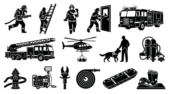 Firefighting Emergency Services Icons Set. Rescue, First Responders, Equipment  Vehicles Glyphs.