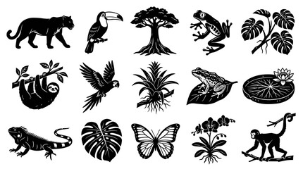 Obraz premium Monochrome Tropical Rainforest Wildlife and Flora Glyphs Vector Icons Set