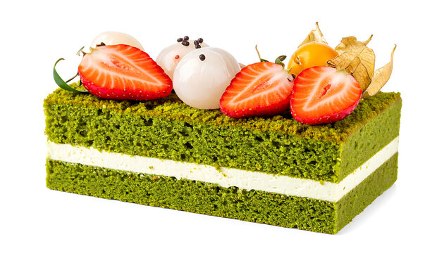 Gourmet Green Tea Matcha Sponge Cake with Fresh Strawberries and Lychee Topping.