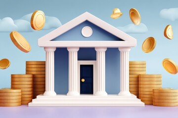 Naklejka premium Bank building with coins and classical columns representing savings, finance, investment and secure banking