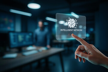 Fototapeta premium Hand Pointing to Intelligent Network Virtual Screen Graphic with AI Brain Icon for Artificial Intelligence Machine Learning and Futuristic Tech Concept