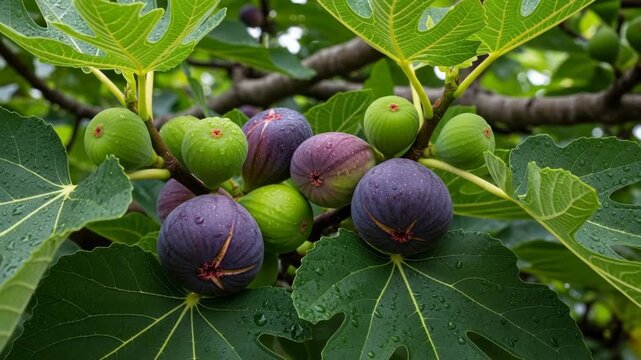 Fresh ripe figs growing on tree branch with green leaves 4K Ai HD high quality video.