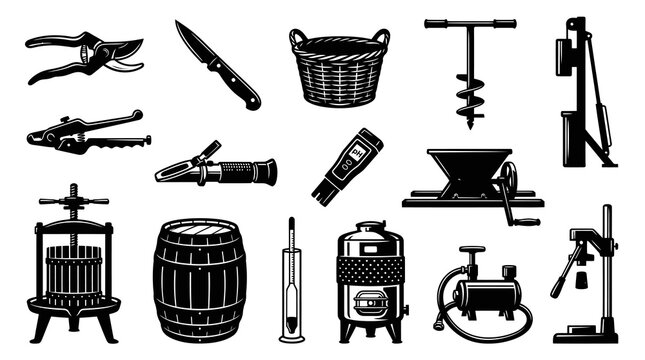 Monochrome Winemaking Tools and Viticulture Equipment Icons Set in Black and White Style