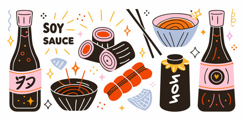 Soy Sauce And Asian Cuisine Elements Colorful Vector Illustration © Bipul