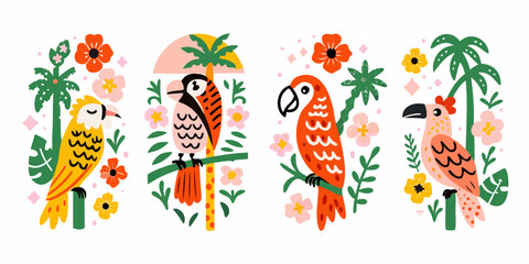 Tropical Birds And Floral Elements Colorful Vector Illustration © Bipul