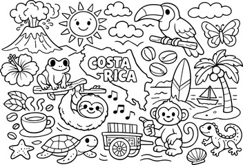 Naklejka premium costa rica cartoon outline hand drawn Line Art illustration doodle art coloring page for kids
