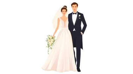 Naklejka premium A newlywed couple stands together outdoors in formal wedding attire