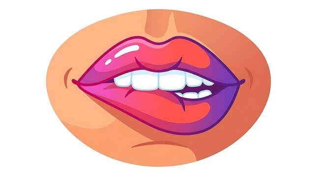 Woman biting lip with pink and purple lipstick isolated