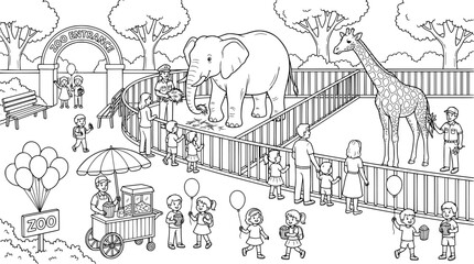Fototapeta premium Kids Zoo Animals Coloring Page Adventure Scene Kids Coloring Book Line Art Vector Illustration