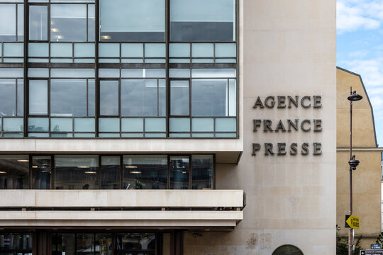 Paris, France - June 17, 2026: Facade and sign of the Agence France-Presse (AFP) headquarters, a French international news agency present in 150 countries, founded in 1835 as Havas and renamed in 1944