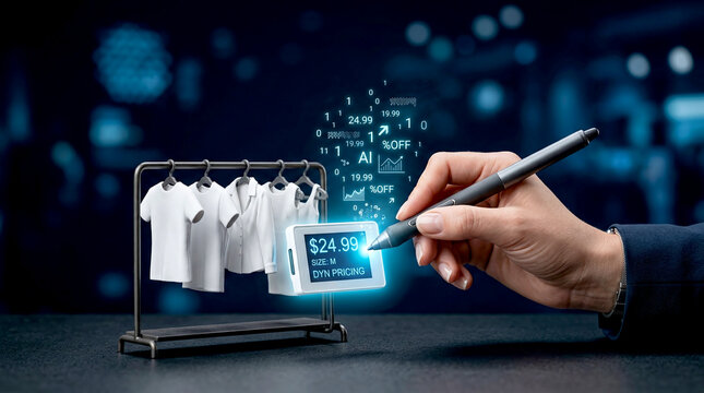 Close-up of hand tapping smart price tag on miniature clothing rack demonstrating dynamic pricing personalization as futuristic retail tech innovation concept
