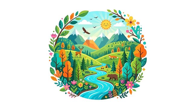 Vibrant nature landscape illustration with wildlife and river