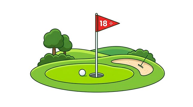 Golf course flag with number 18 and ball on green