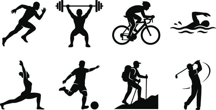 Set of black sports and fitness silhouettes featuring running weightlifting cycling swimming yoga soccer hiking and golf activities