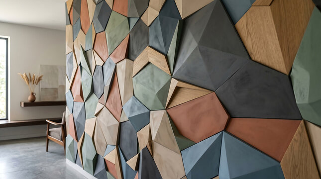 Modern Geometric Accent Wall Design with Wood and Metal Accents